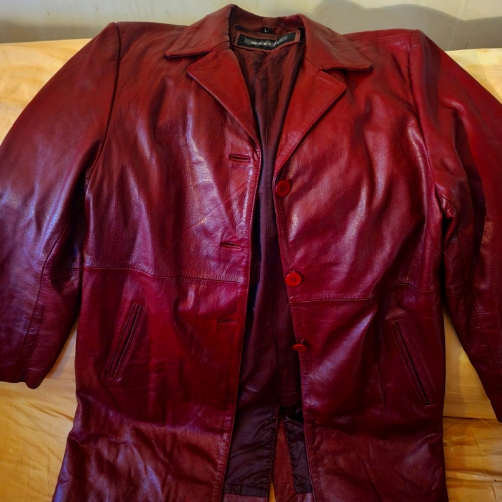 Womens red leather blazer fit jacket.